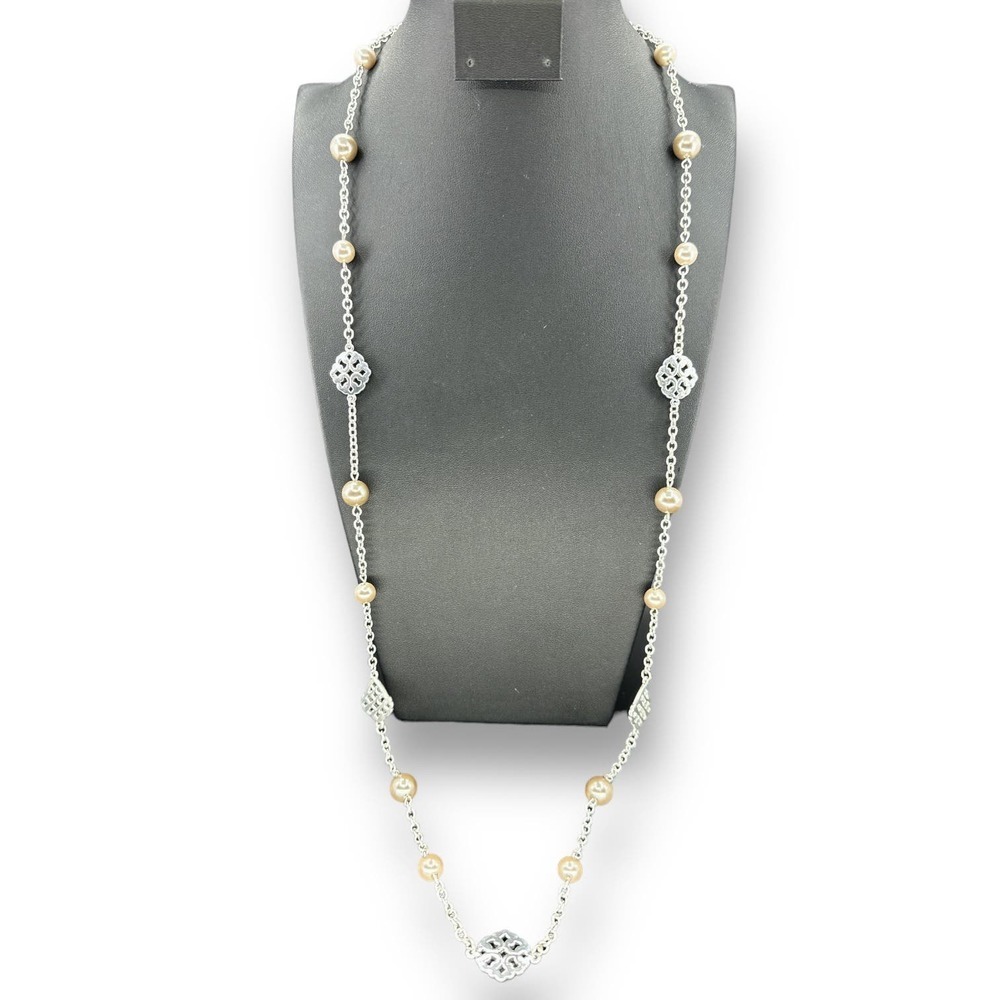 Chaps Faux Pearl Long Necklace 35” over Silverton Open Design Metal